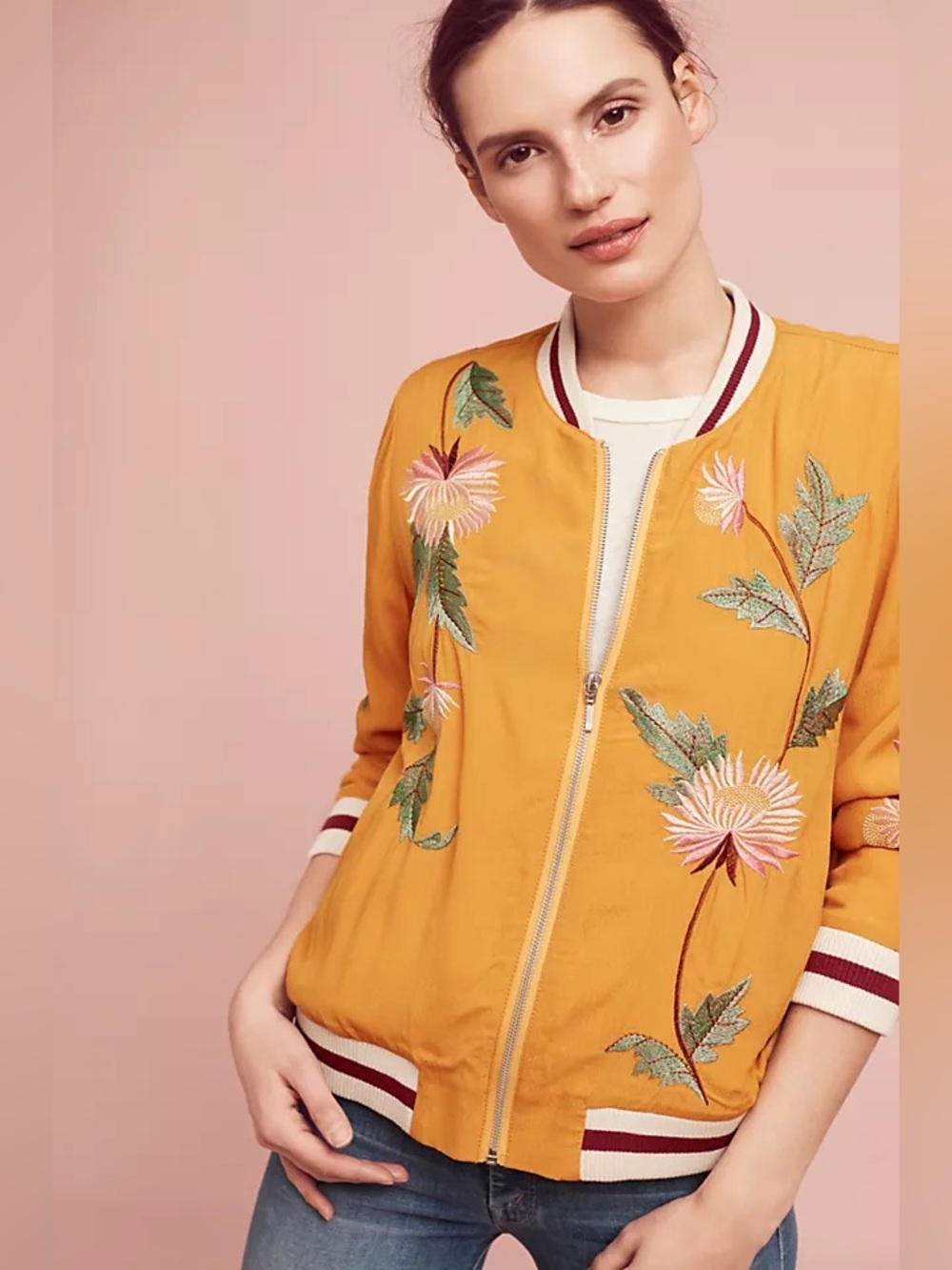 Anthropologie Solstice Mustard Floral Embroidered Bomber Jacket L - Picture 2 of 9